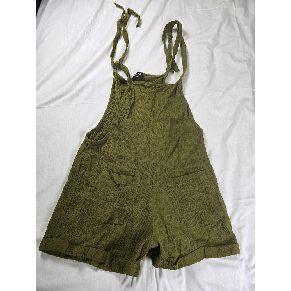 Known Supply Romper Womens Medium Green Organic Cotton Gauze Overalls Shorts